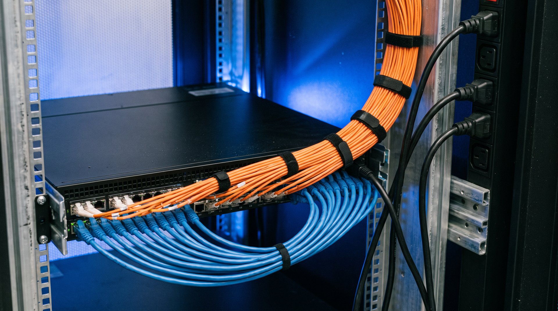Server rack rear with fiber and Cat6 cable management under blue accent lighting