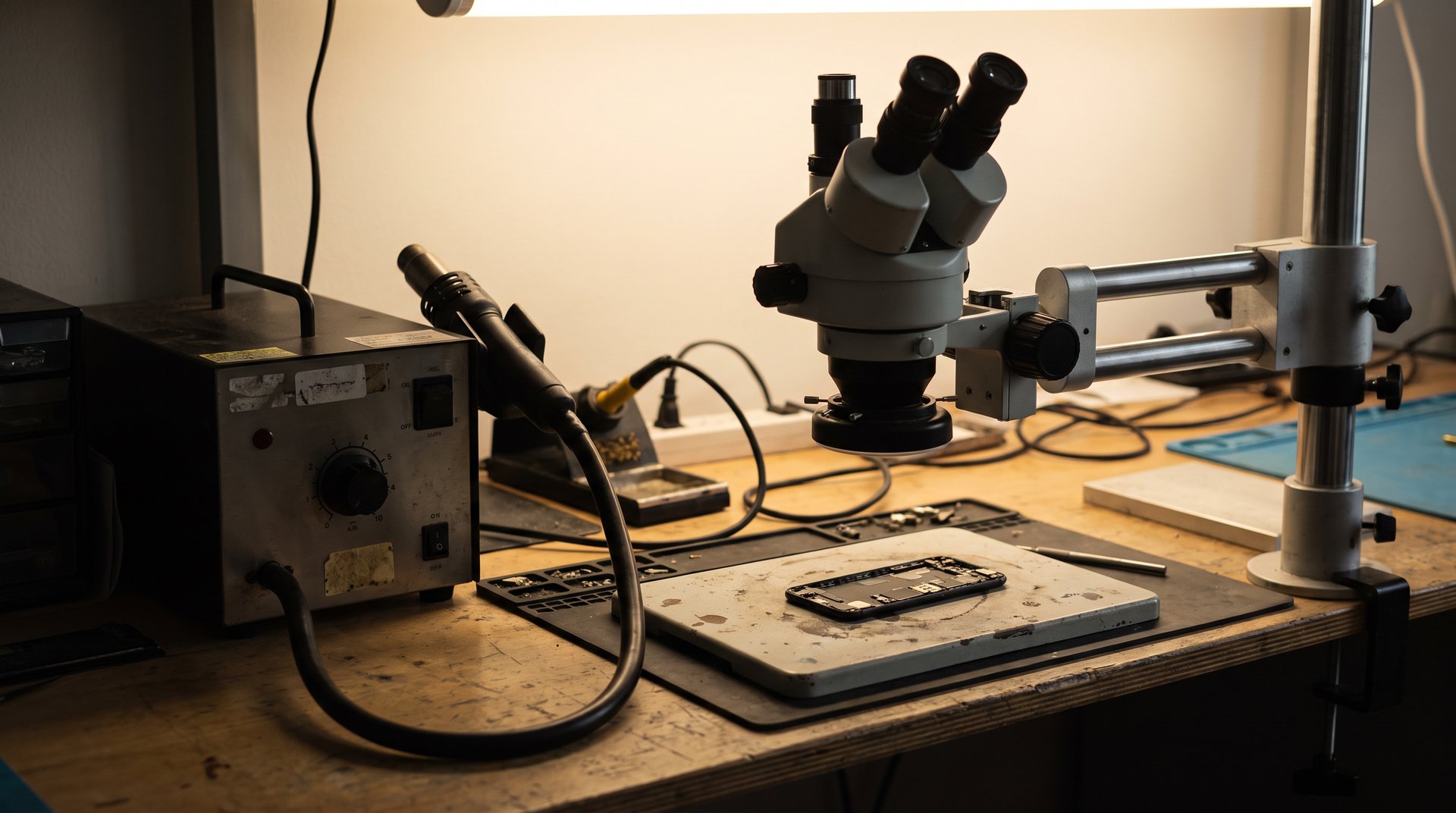 Chip-off forensics workstation with a hot-air rework station and stereo microscope