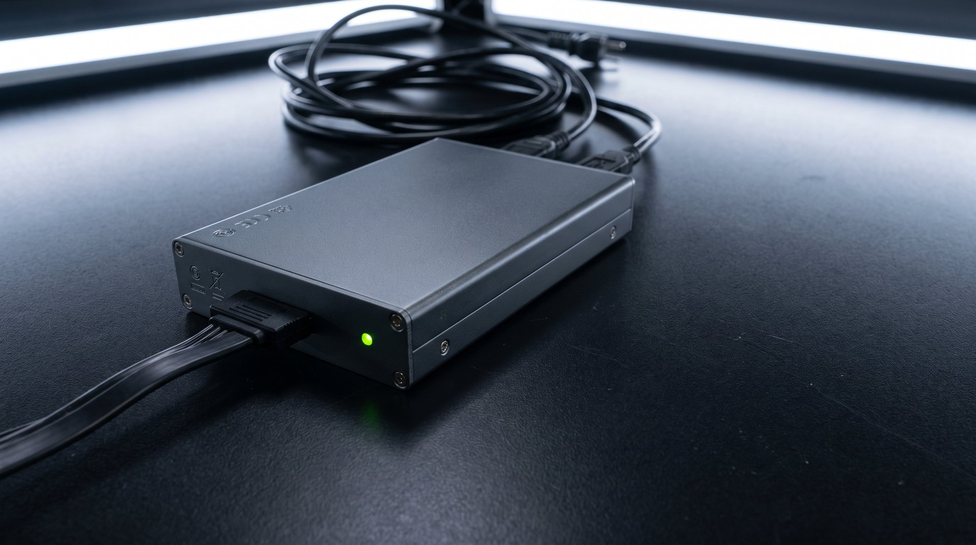 Forensic workstation with a hard drive on a write-blocker and imaging cables connected