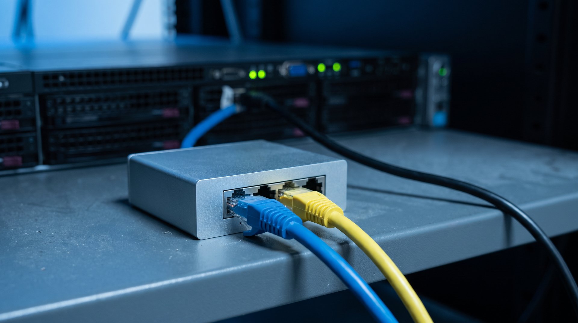 Small network appliance connected to blue and yellow Ethernet cables in front of servers