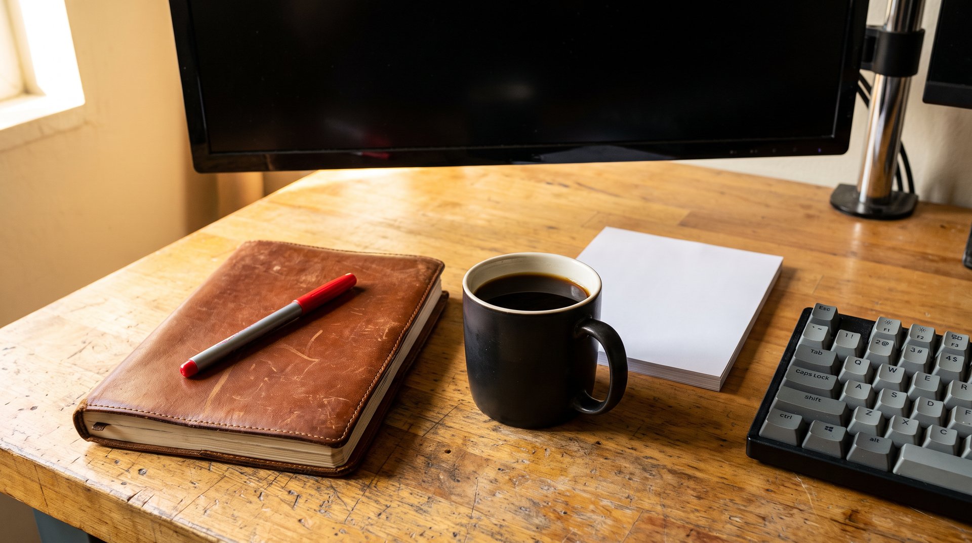Leather notebook, red review pen, coffee mug, and mechanical keyboard on a wooden desk