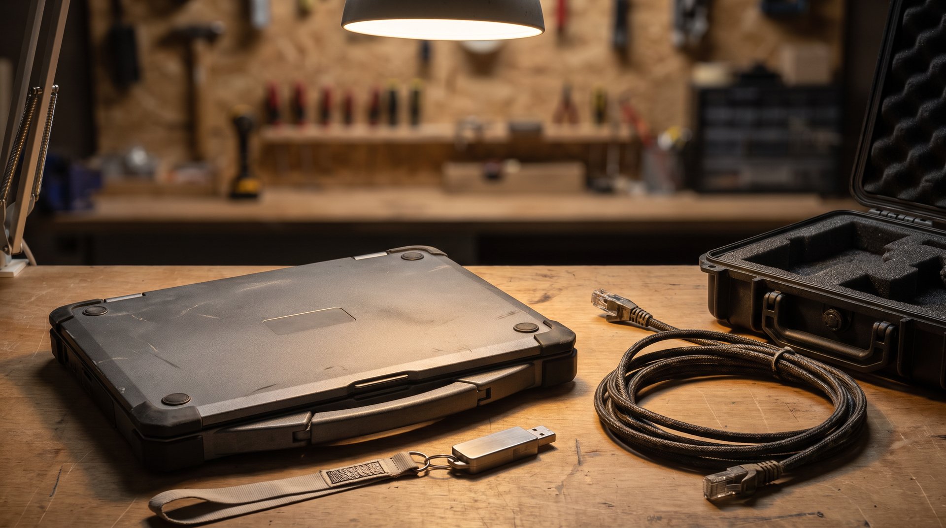 Closed rugged laptop, coiled Ethernet cable, and USB device on a workbench